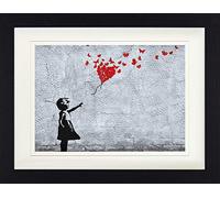 1art1 Filles Poster La Fille Au Ballon Rouge en Papillons, Style Banksy Affiche Encadrée avec Passe-Partout Élégant | Images Murales | dans Un Cadre Photo 40x30 cm