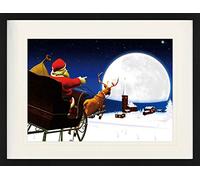 1art1 Noël Poster Le Père Noël Arrive sur Son Traîneau Plein De Cadeaux Affiche Encadrée avec Passe-Partout Élégant | Images Murales | dans Un Cadre Photo 80x60 cm