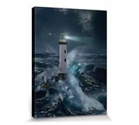 1art1 Phares Poster Impression sur Toile Phare dans La Tempête Au Clair De Lune Affiche Murale XXL Encadrée | Tendue sur Cadre en Bois | Tableau 80x60 cm