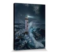 1art1 Phares Poster Impression sur Toile Phare dans La Tempête Au Clair De Lune Affiche Murale XXL Encadrée | Tendue sur Cadre en Bois | Tableau 40x30 cm