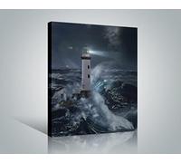1art1 Phares Poster Impression sur Toile Phare dans La Tempête Au Clair De Lune Affiche Murale XXL Encadrée | Tendue sur Cadre en Bois | Tableau 50x40 cm