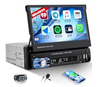 1DIN Autoradio avec Écran Rabattable et Carplay et Android Auto sans Fil, Autoradio 1 DIN à Écran Tactile 7 Pouces avec Bluetooth/SWC/USB/FM + Caméra de Recul + Microphone