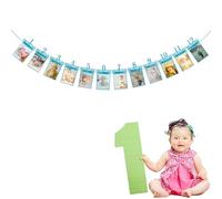 1er anniversaire decoration anniversaire 1 an, anniversaire 1 an, contient 12 cartes pailletées pour les photos de bébé (bleues).