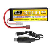 1PCS 2S Lipo Battery 7.4V 3000mAh 35C avec T-Plug avec 1PCS Ligne de Charge USB pour Voiture RC Camion Bateau Quadcopter