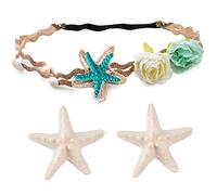 1pcs Bandeau Élastique de Cheveux en Dentelle Étoile de Mer Coquillage Fleur + 2pcs Pince Clips Barrette à Cheveux Bande Serre-tête Couronne Costume de Sirène pour Femmes Filles Fête Vacances Mariage