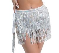 1pcs robe à franges à paillettes, jupe à paillettes de danse du ventre, costume de danseuse latine, tenue de jupe rave à franges, costumes de danse pour femmes filles pour bal,performance(argent)