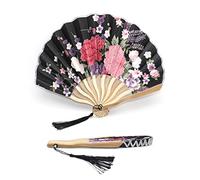 1SourceTek - Éventail pliant en soie pour femmes de 21 cm avec manchon de protection en tissu pour cadeaux, style rétro chinois (noir)