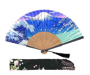 1SourceTek Kanagawa Sea Waves Paysage 21 cm Éventail pliable à main - avec une housse de protection en tissu pour cadeaux - Style rétro japonais vintage (nuit)