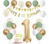 1st Birthday Decorations for Women Men, Banner with Cake Topper Number 1 Foil Balloon Sage Green White Gold Balloons for 1 Year Old Birthday Party Decoration