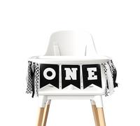 1st Birthday High Chair Banner, Bannière à Pompons pour Chaise Haute, Noir et Blanc Bannière de Décoration d'Anniversaire pour Voiture de Course pour Enfants, Décoration de 1er Anniversaire