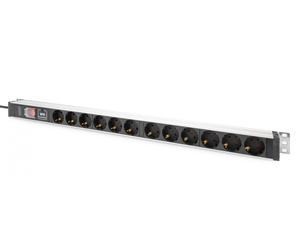 1U Aluminum PDU, rackmountable, 12 x Safety outlet 16A, 230VAC, 50/60Hz, overvoltage, Switch