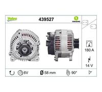 VALEO-439527-Alternateur-Courant de charge de l'alternateur [Amp] : 180 - Nombre de stries : 6 - Diamètre de la poulie [mm] : 58 - Voltage [V] : 14 - Sens de rotation : SENS HORLOGE