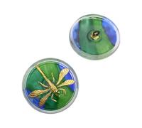 1x Bouton de verre tchèque fabriqué à la main et peint, avec de la libellule bleue bleue (Hand made and painted Czech glass button with dragonfly blue green)