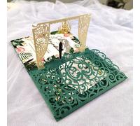 1x Carte Pop Up 3d Or Gris Tri 3 Fois Carte D'invitation De Mariage De Poche Carte D'invitation Découpée Au Laser Avec Enveloppe - Type A4 Matte Green-Blank Set
