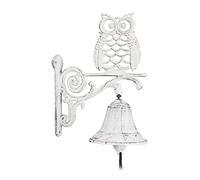1x Cloche Murale de Porte, Fonte de Fer, Chouette, Design Antique, avec Corde, résistant aux intempéries, Blanc