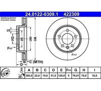 Disque de frein ATE 24.0122-0309.1 arrière, ventilé, à haute teneur en carbone, 1 pièce