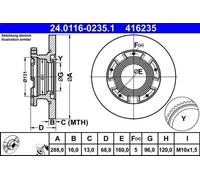 Disque de frein ATE 24.0116-0235.1 arrière, plein, 1 pièce