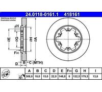 1X Disque de frein ATE 24.0118-0161.1 pour TRANSIT V363 Fourgon 2 2016-2024