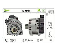 VALEO 439864 Alternateur Intensité de charge de l’alternateur: 210 Amp Rainures: 6 rainures Diamètre de poulie: 53,3 mm Tension: 14 V Sens de rotation: CLOCKWISE