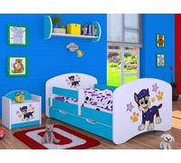 1x Happy Babies Lit avec protection antichute garçon 140x70 Lit pour chambre d'enfant avec matelas à tiroir Lit simple pour enfants Blanc Bleu Motif chien