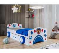1x Happy Babies Lit avec protection antichute garçon 140x70 Lit pour chambre d'enfant avec matelas à tiroir Lit simple pour enfants Blanc Bleu Motif chien