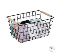1x Panier Fil métal, poignée en Bois, rectangulaire, Design quadrillé, vêtements, Accessoires, HxLxP: 16x31x21 cm, Noir