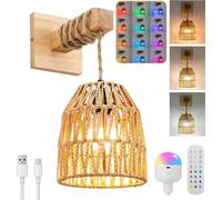 1x Rotin Applique murale intérieure sans fil Boho Lampe murale batterie, avec ampoules rechargeables, lanterne tissée Lampe en bois pour chambre salon
