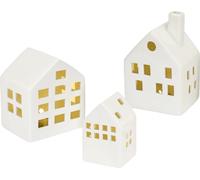 2.02 Céramique Maisons Décoration avec éclairage LED - 3 pièces de tailles différentes (blanc)