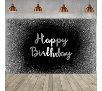 2.1x1.5m Toile de Fond Anniversaire Noir et Argent Gris pailleté Signe de Joyeux Anniversaire Poster Photographie arrière-Plan Hommes Femmes Décorations Anniversaire Adulte Bannière Photo Booth Props