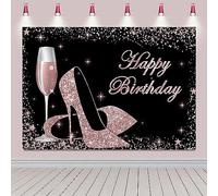 2.1x1.5m Toile de Fond Anniversaire Paillettes Or Rose Joyeux Anniversaire Talons Hauts Verre de Champagne Fond Photographique Femmes décorations fête d'anniversaire bannière Accessoires photomaton