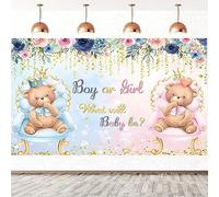 2.1x1.5m Toile de fond gender reveal boy or girl what will baby be rose ou bleu fond photographie floral pailleté décorations pour la fête de la révélation du sexe bannière accessoires pour photomaton