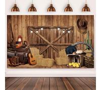 2.1x1.5m Toile de Fond Western Cowboy Sauvage Ouest Rustique Maison en Bois Porte de Grange arrière-Plan Photographie Vintage Baby Shower Western Birthday Party Decorations Banner Photo Booth Props