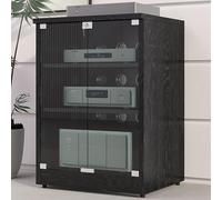 2/3 Niveaux Meuble Multimédia AV avec Étagère Réglable, Support Audio Multimédia en Bois avec Portes en Verre Trempé, Meuble Stéréo Stand Médiatique avec Gestion des Câbles(Nero,3-Tier)