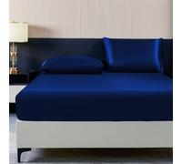 2/3 pièces Ensemble de cache-sommier en satin bleu marine, texture soyeuse et douce, comprenant 1 cache-sommier et 1/2 taies d'oreiller (insert d'oreiller non inclus), ensemble de literie moderne et d