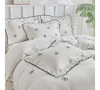 2/3 pièces Set Parure de couette volantée en microfibre lavée avec nœud blanc brodé, parure de lit moderne et mignonne pour toutes les saisons, couette vintage chic, douce et respirante, lavable en ma