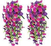 2/4 Pack Artificial Flowers for Outdoors, Artificial Hanging Flowers for Outdoors, Hanging Artificial Flowers for Outdoors, UV Resistant Hanging Artificial Morning Glory Vine (Purple Red,2Pcs)