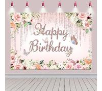 2.4x1.8m Toile de Fond Anniversaire Papillon Floral Rose doré Signe d'anniversaire Poster Photographie arrière-Plan Femmes Filles Princesse Décorations d'anniversaire Bannière Photo Booth Props