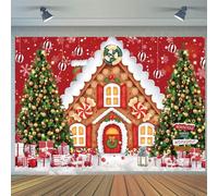 2.4x1.8m Toile de Fond Noël Arbre de Noël empilé avec Maison en Pain d'épice Rouge Fond Photographique Famille Enfants Hiver Noël Nouvelle Année Décorations de Fête Bannière Photo Booth Props