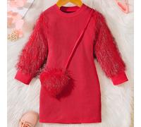2-6 ans Robe rose à manches à franges pour filles, nouvelle robe de princesse douce, ajustée avec élastique côtelé, accessoire en peluche en forme de cœur, style européen et américain pour jeune fille
