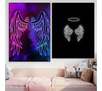2 affiches d'ange nordique avec ailes noires et halo néon, décoration murale pour maison, bar, chambre, peinture sur toile 40x60cmx2 sans cadre