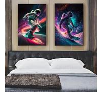 2 affiches et impressions murales représentant des astronautes colorés et des surfeurs de l'espace, graffitis, images pour décoration de salon, peinture sur toile 60x80cmx2 sans cadre