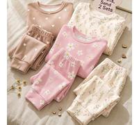 [2 Aléatoires Sur 3] Ensemble de détente 4 pièces pour bébé fille, style bohème mignon et doux, imprimé floral marguerite, style forêt, coupe slim simple, col rond, manches longues, pantalon long, ada