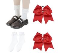 2 Anneaux De Poils À Arc Rouge, 1 Paire De Chaussettes Blanches, Élastique Étendue De Streamer, Accessoires À Cheveux À La Mode Pour Filles, Accessoires De Vêtements.