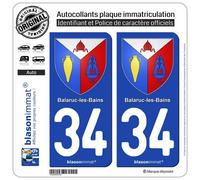 2 Autocollants plaque immatriculation Auto 34 Balaruc-les-Bains - Armoiries