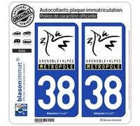 2 Autocollants plaque immatriculation Auto 38 Grenoble - Métropole