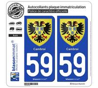 2 Autocollants plaque immatriculation Auto 59 Cambrai - Armoiries