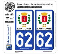 2 Autocollants Plaque immatriculation Auto 62 Saint-Omer - Ville