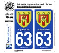 2 Autocollants plaque immatriculation Auto 63 Puy-de-Dôme - Armoiries