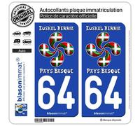 2 Autocollants plaque immatriculation Auto 64 Pays Basque - Lauburu Drapé