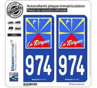 2 Autocollants plaque immatriculation Auto 974-H Réunion - Rényon Drapée